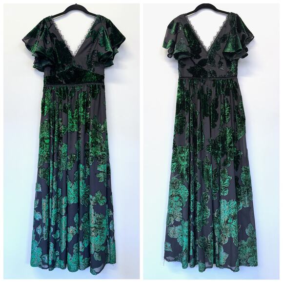 Marchesa Notte V-neck Velvet Burnout Lace Metallic Floral Maxi Dress Gown sz 6 - Picture 5 of 15
